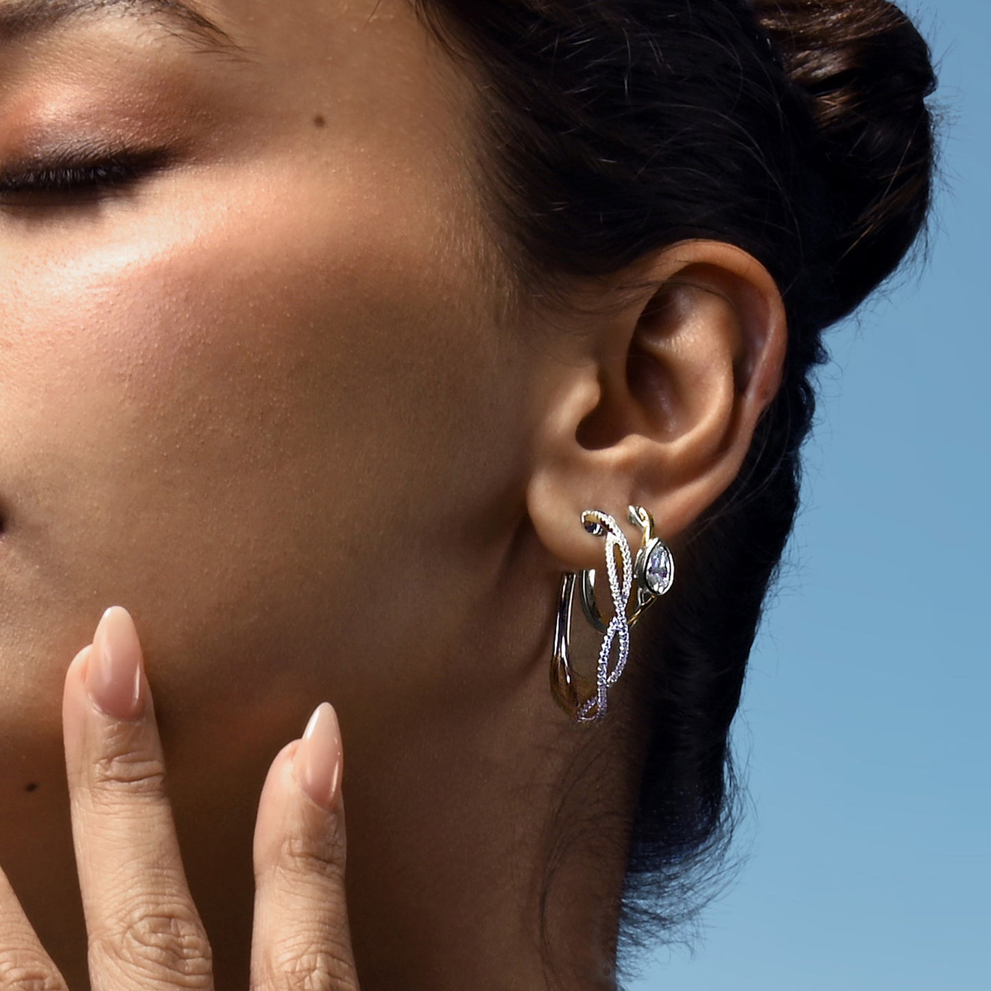 Twisted Bezel Pear Huggie Hoops