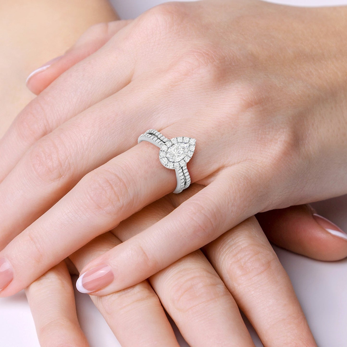 Unified Iconic Dewdrop Halo Ring_Product Angle_Lifestyle Image