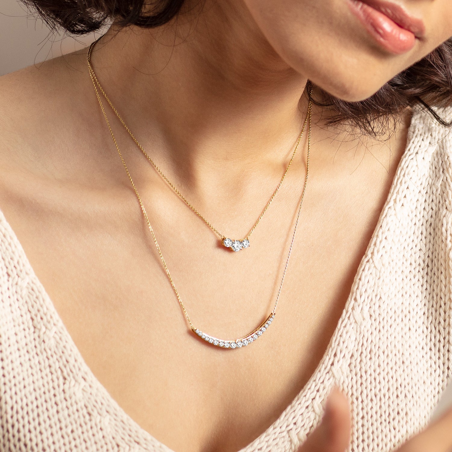 3-Stone Atmos Diamond Necklace_Product Angle_Lifestyle Image