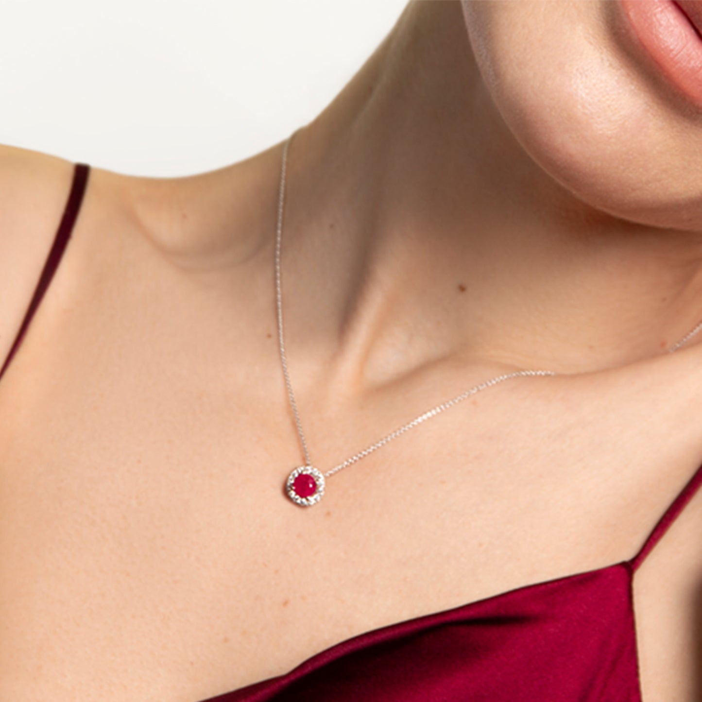 Round Gemstone Diamond Halo Peeking Necklace_Product Angle_Lifestyle Image