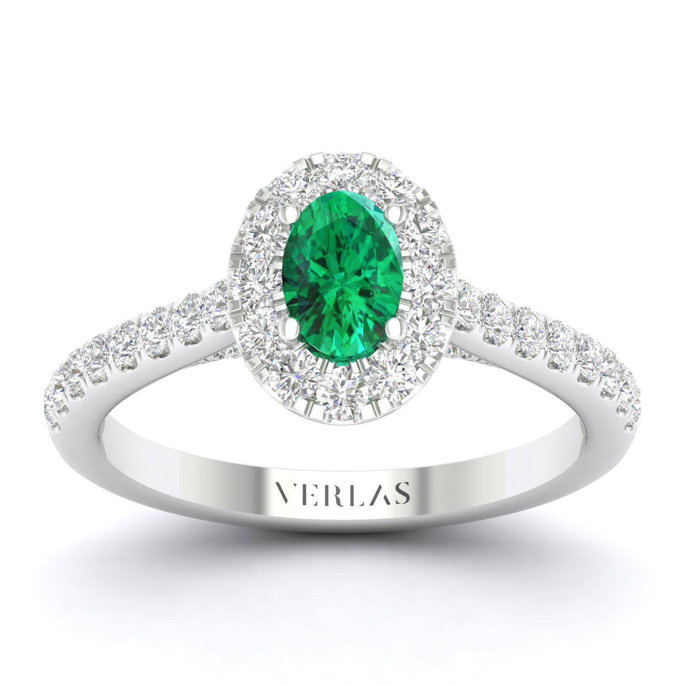 Exquisite Ellipse Gemstone Diamond Halo Ring (M)_Product Angle_Emerald - 1